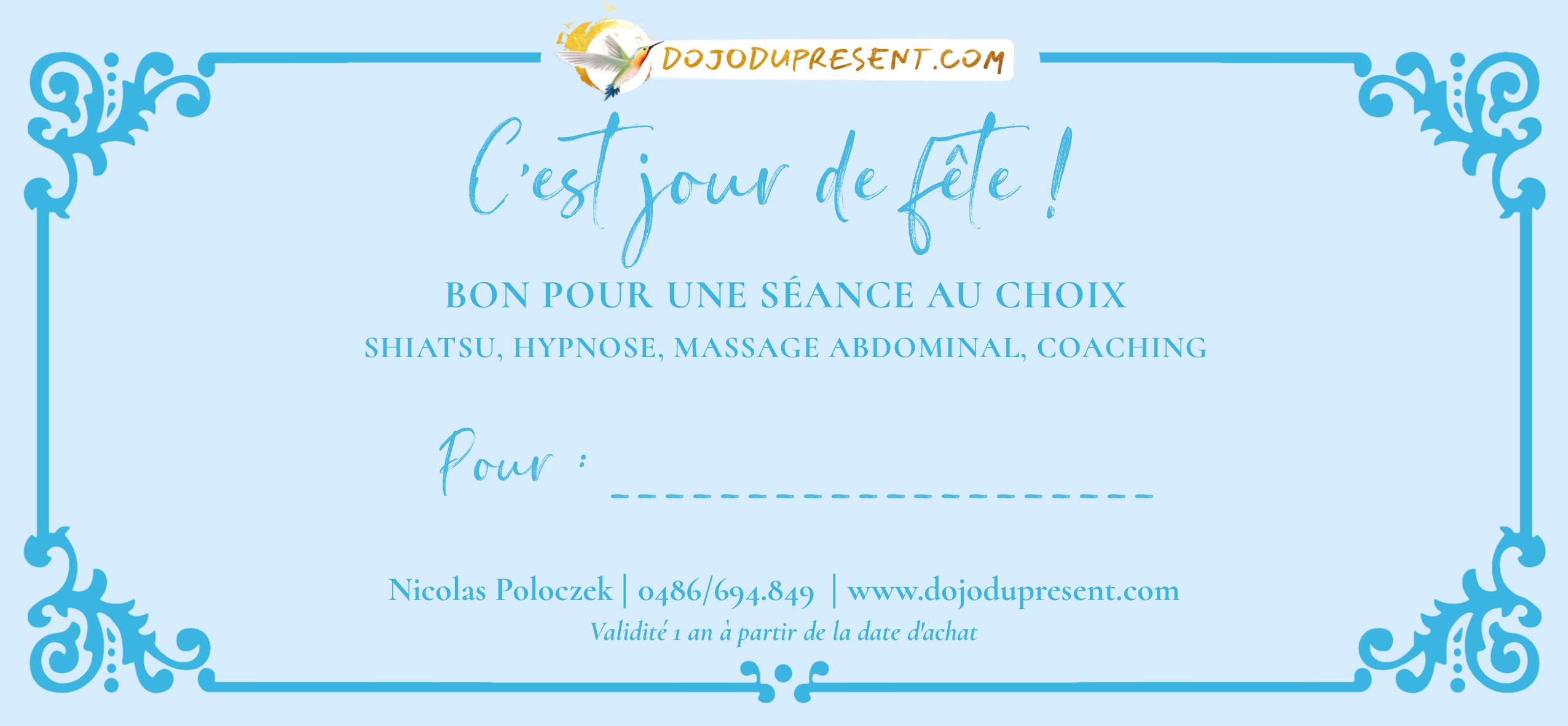 Dojo du Présent - Nicolas Poloczek - Shiatsu, Hypnose, Massage Abdominal, Coaching - Bon cadeau